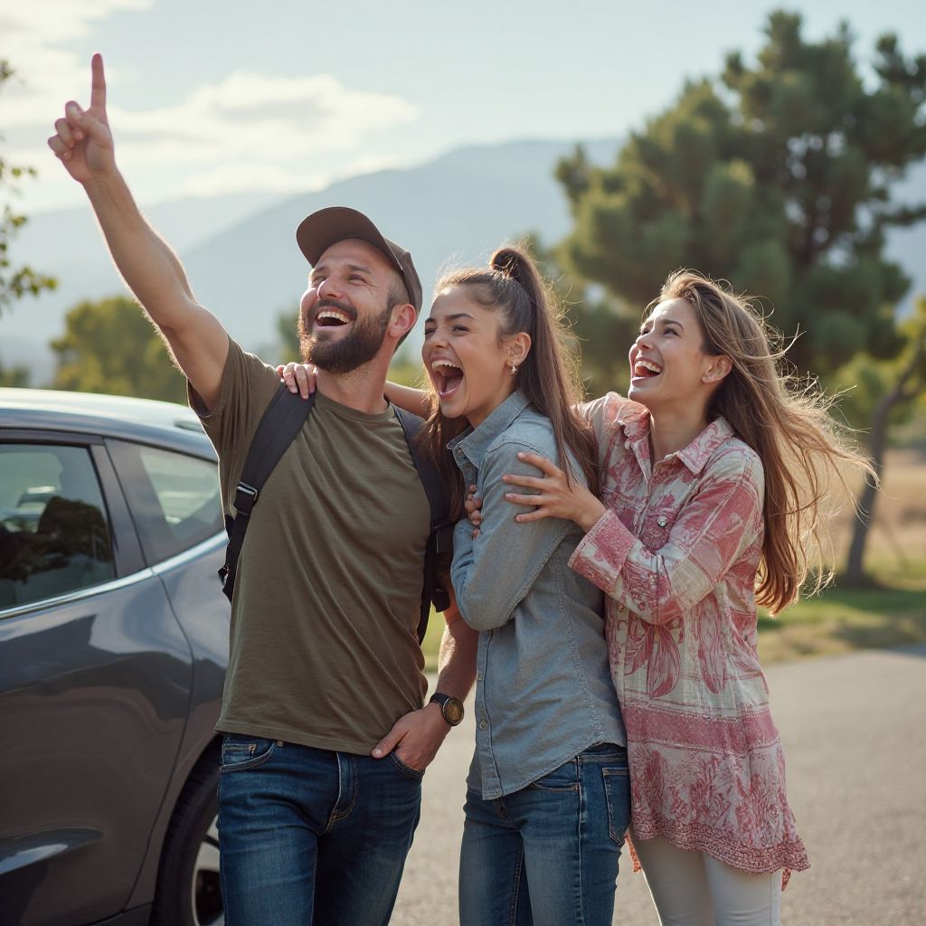 Familia feliz con auto eléctrico